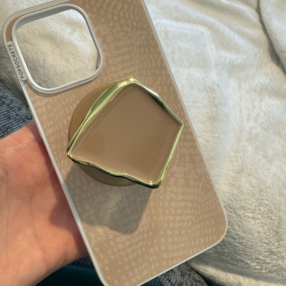 PopSocket iPhone 15 Pro Max Tan and White Phone Case with Grip, New